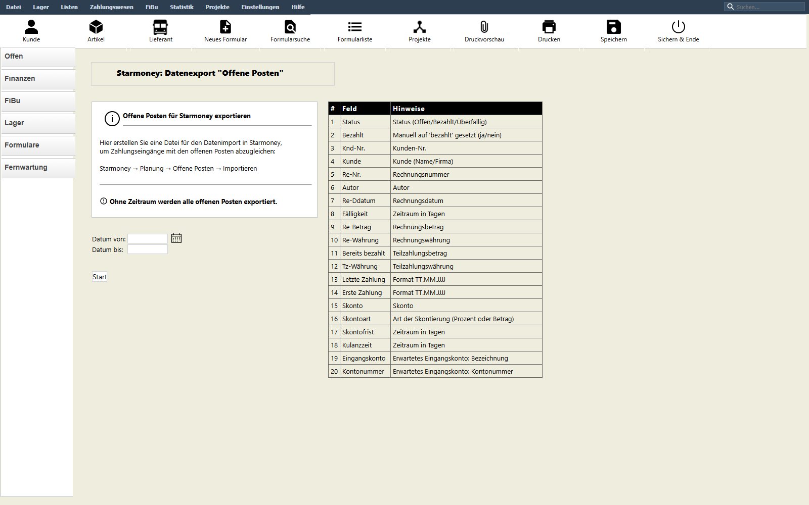 Starmoney-Export der offenen Posten