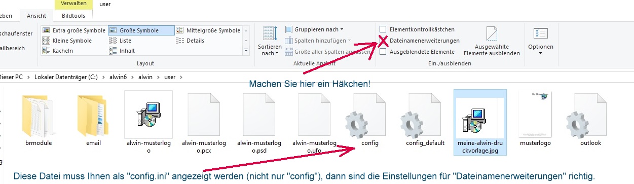 Windows Anzeigeeinstellungen für Dateinamen ändern.