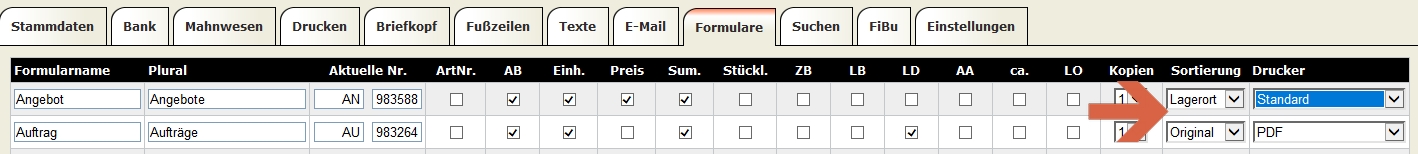 Sortierung der Artikel im Formulardruck